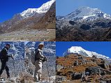 
Upper left: The trail from Beding climbs gradually in two hours to Na (4100m), where the Rolwaling Valley opens out into the classic glaciated U-shape. Na is a large broad village beneath Chekigo (6257m) to the left and Kang Nachugo (6735m) to the right. Upper right: The approach route to the Yalung La goes to the right of the lower portion of Chugimago, seen from beyond Na. Lower left: Jerome Ryan and Gyan Tamang trekking. Lower right: The trail from Na is flat and easy for 50 minutes to the Sangma Kharka (4200m), where we had lunch beneath the icy face of Tsobuje (Chobutse).
